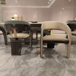 Barrel-Back Dining Chair with Woven Leather Accents, High-Gloss Wood Frame and Vertical Back Strap
